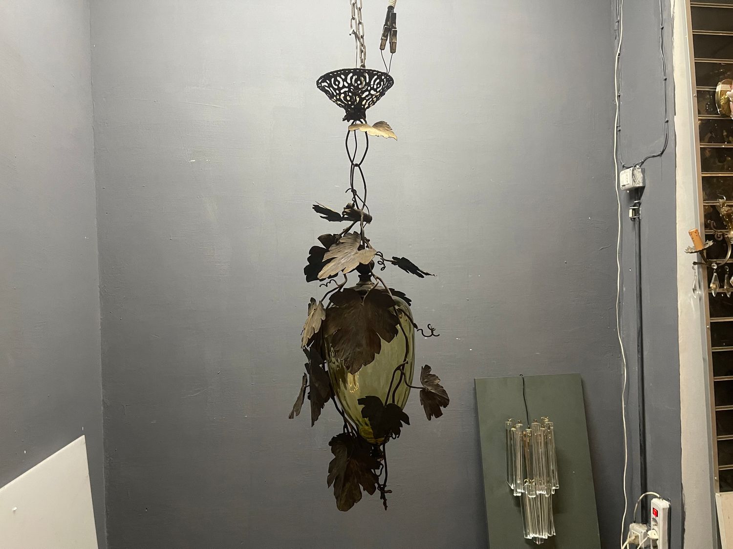 Murano Glass Lantern with Wrought Iron Vine Leaves, 1950s