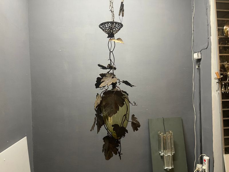 Murano Glass Lantern with Wrought Iron Vine Leaves, 1950s