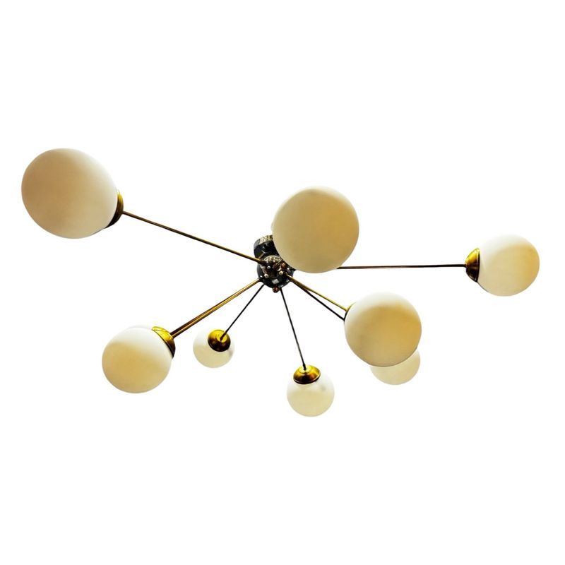 Vintage Sputnik Ceiling Light in Brass and Opaline Glass, Italy, 1980s