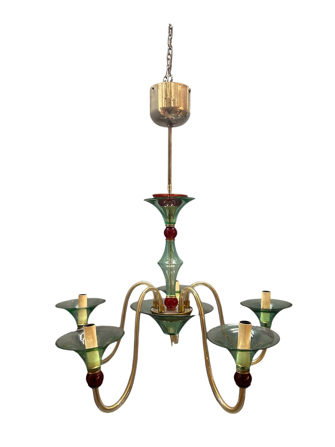 Postmodern Murano Glass 5-Arm Chandelier in Green and Red, Italy, 1980s