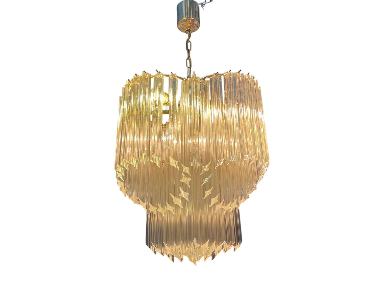 Italian Brass and Murano Glass Prism Quadrilobi Chandelier attributed to Venini, 1970s