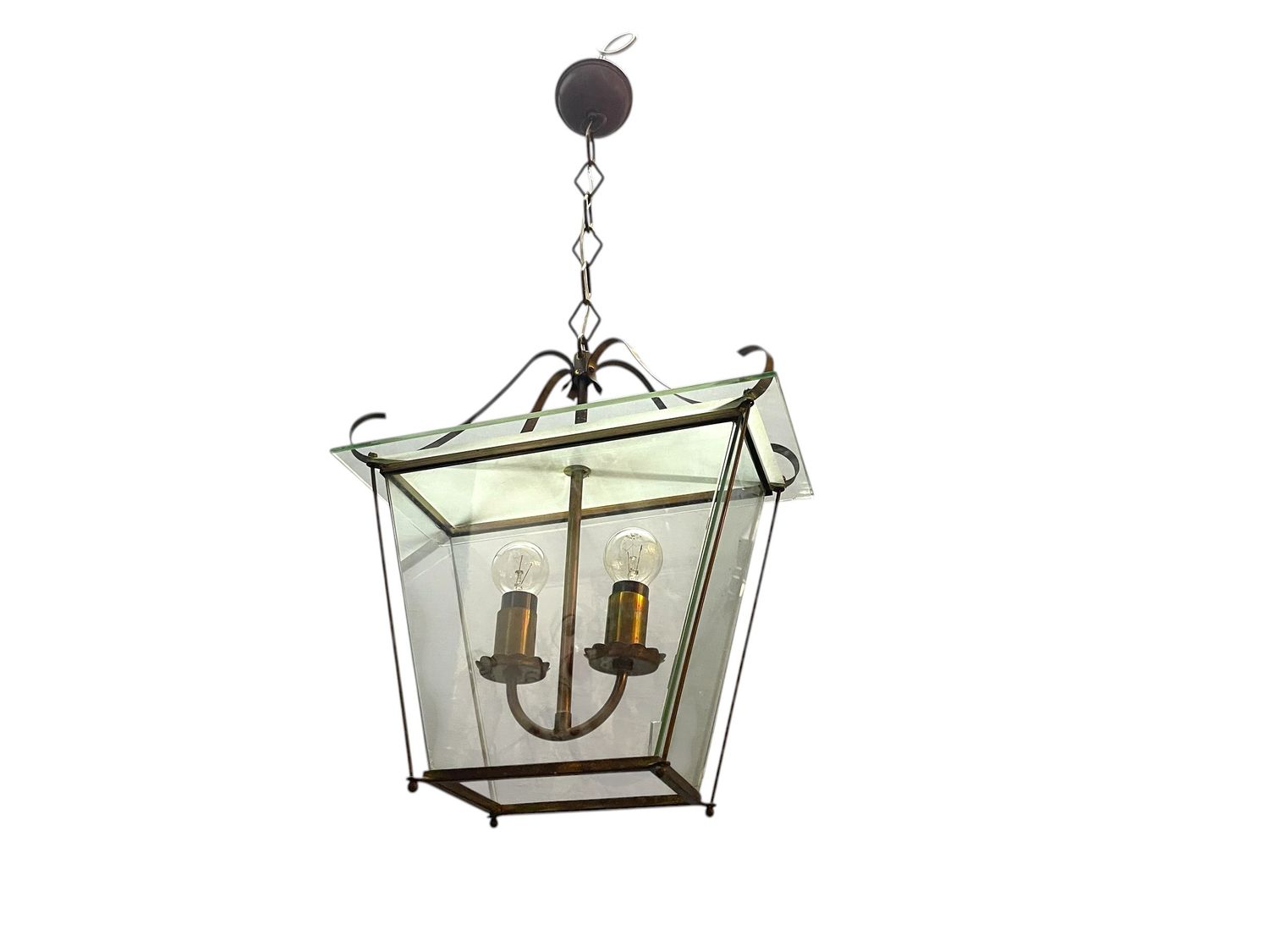 Mid-Century Modern Italian Faceted Glass and Brass Pendant Lantern in the style of G. Ulrich, 1940s