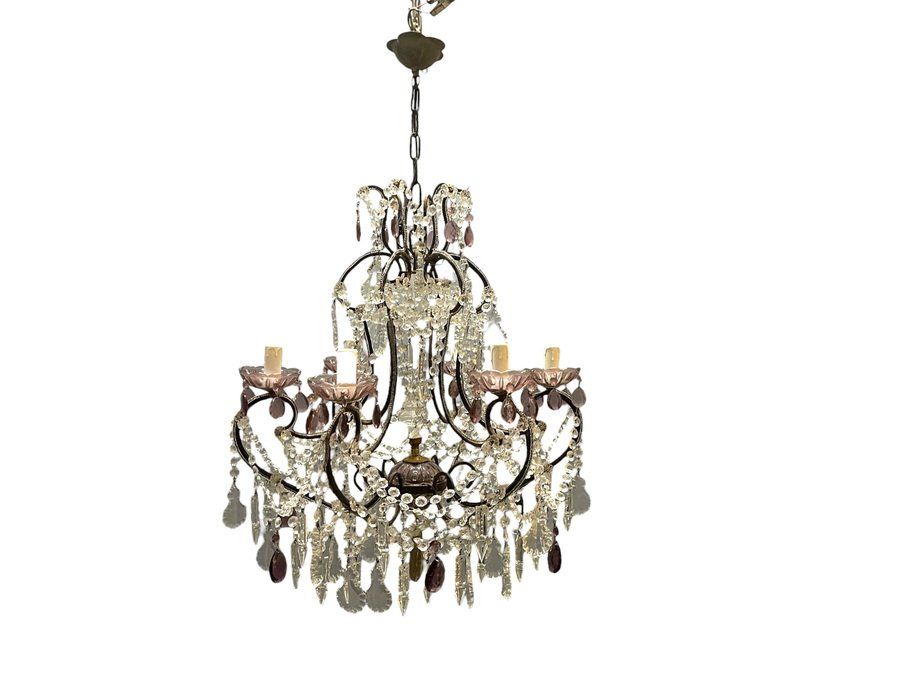 Vintage Italian Crystal Beaded Chandelier with Lilac Glass Bobeches, 1960s