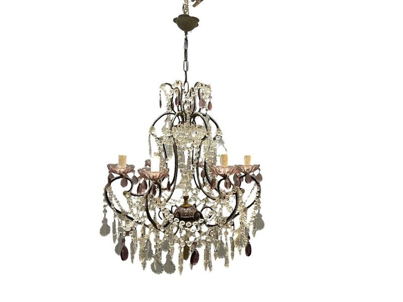 Vintage Italian Crystal Beaded Chandelier with Lilac Glass Bobeches, 1960s