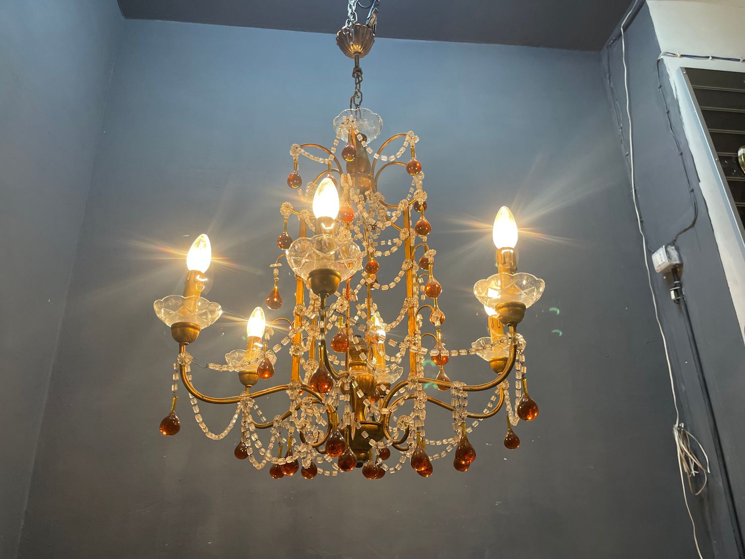 Vintage Italian Florentine Chandelier with Amber Murano Glass Drops, 1950s