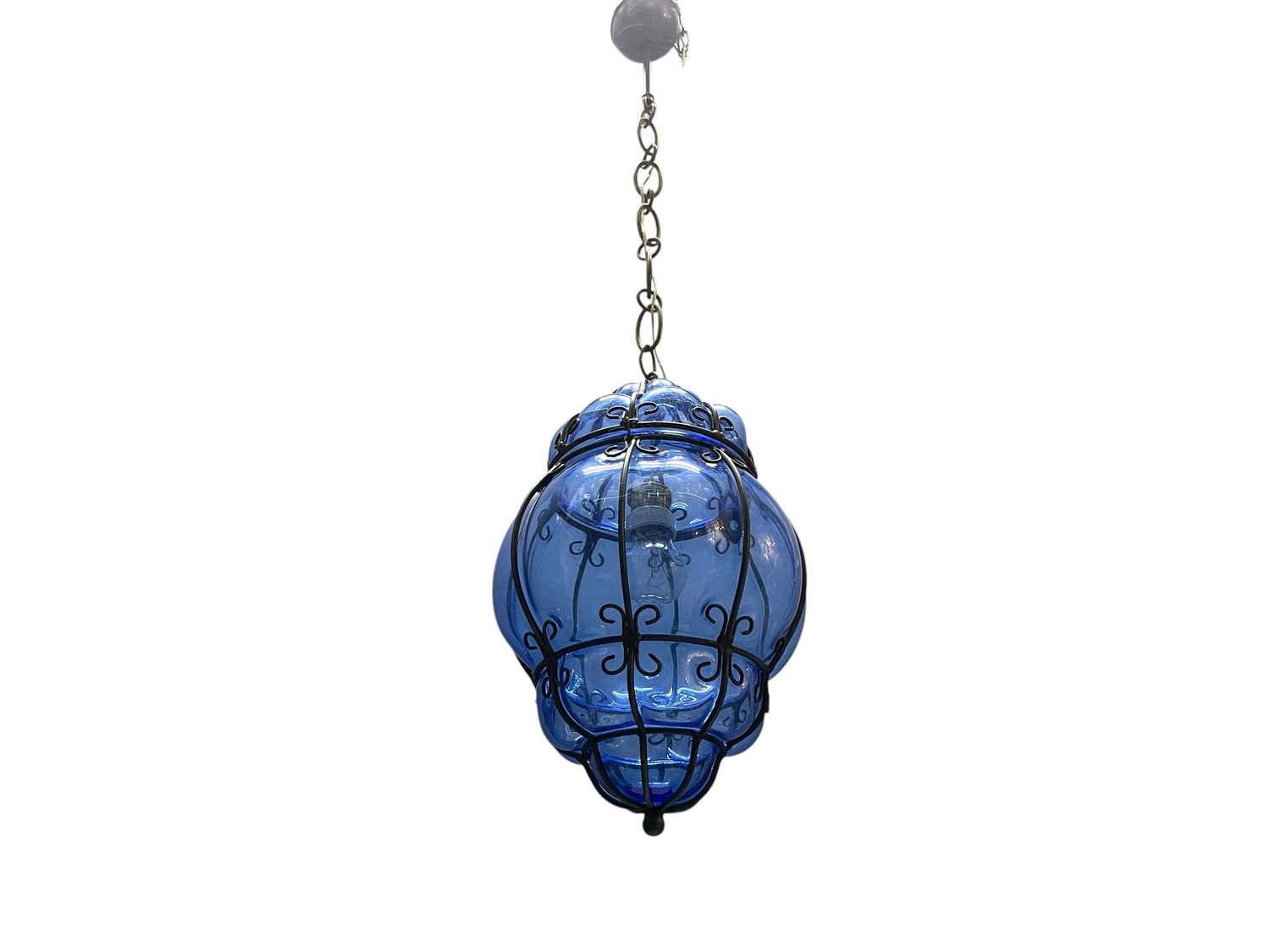 Wrought Iron Blue Murano Glass Latern light 1980’s