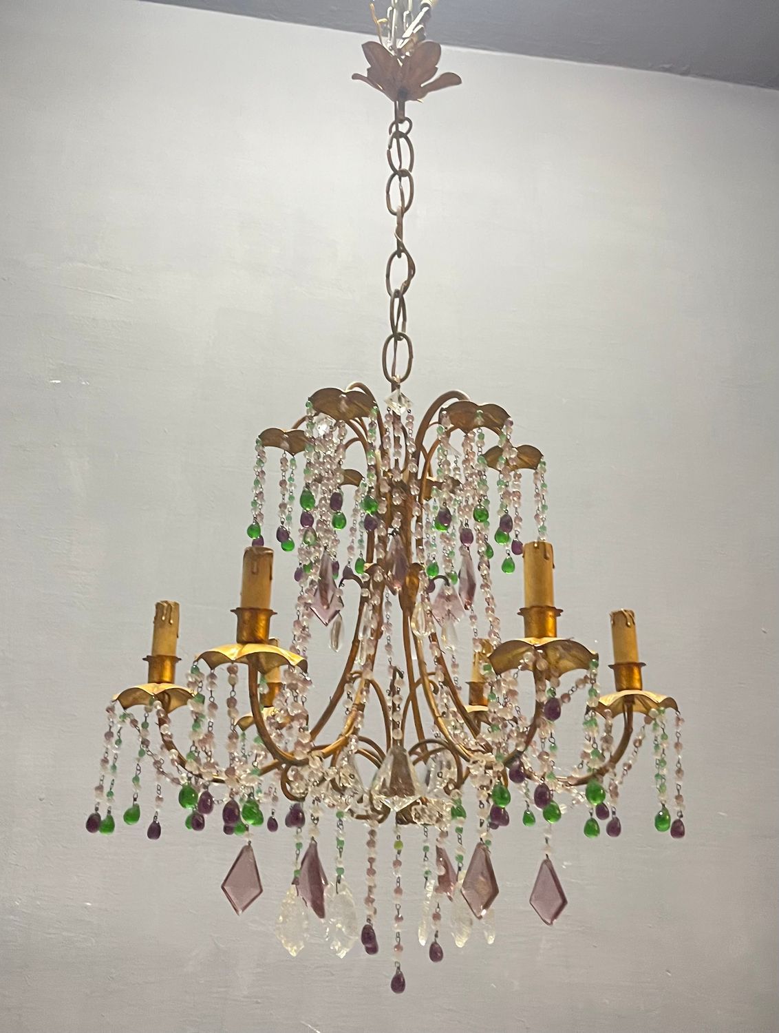 1950s Italian Florentine Tole Gilt Murano Glass Beaded 6-Light Chandelier