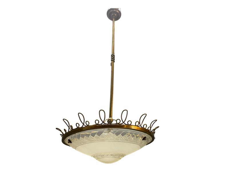 1950s Italian Brass and Etched Glass Pendant Light Attributed to Gio Ponti