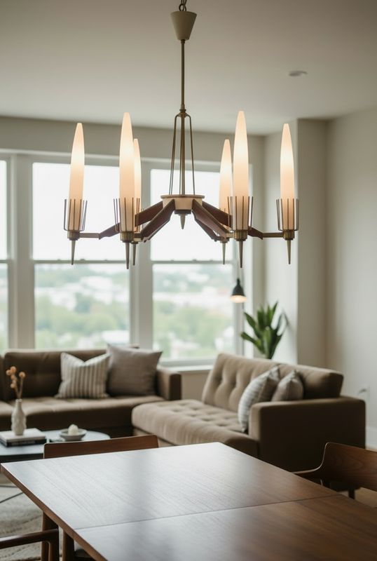 1950s Italian Mid-Century Brass, Walnut Veneer and Opaline Glass 6-Light Chandelier