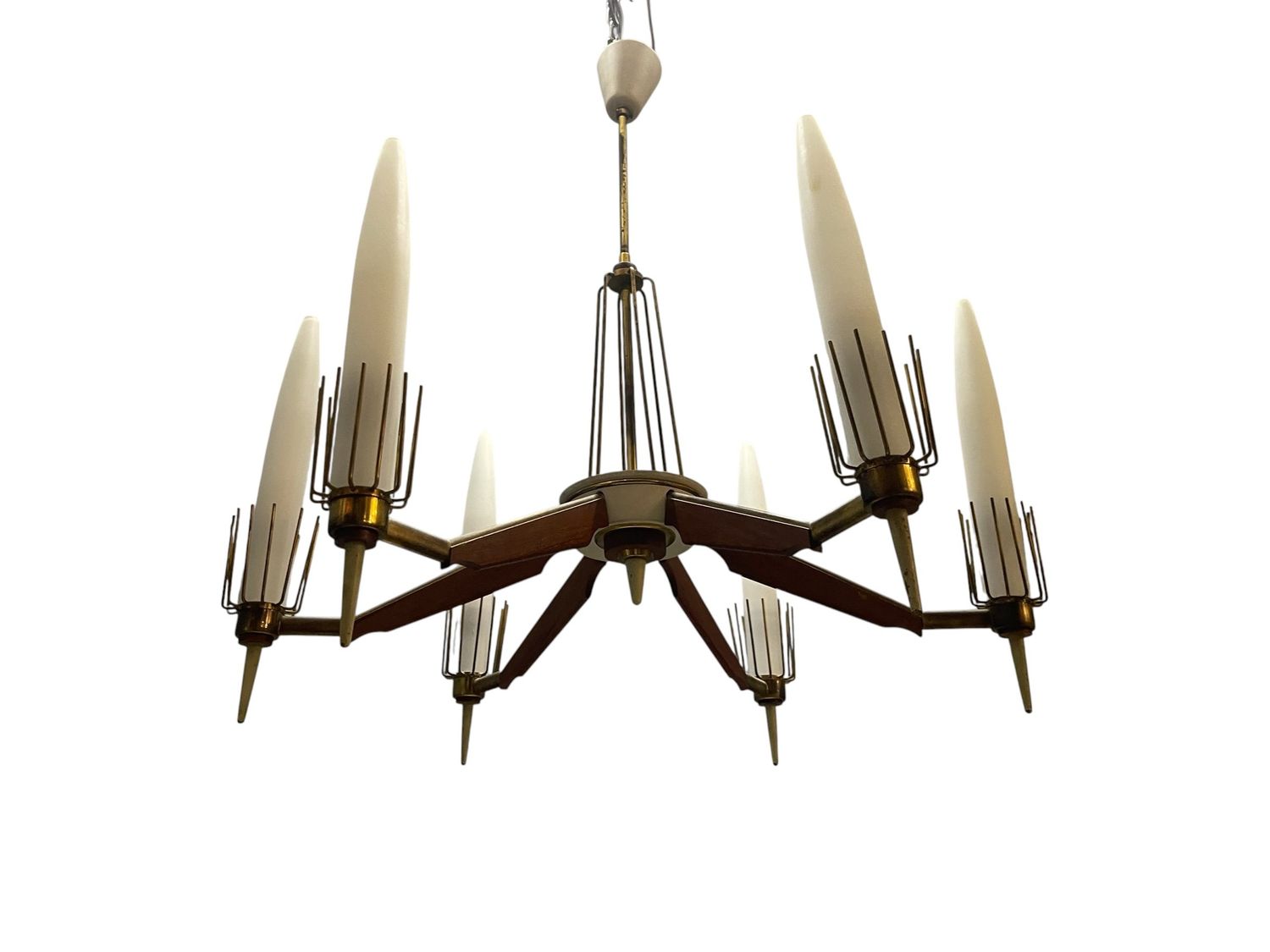 1950s Italian Mid-Century Brass, Walnut Veneer and Opaline Glass 6-Light Chandelier