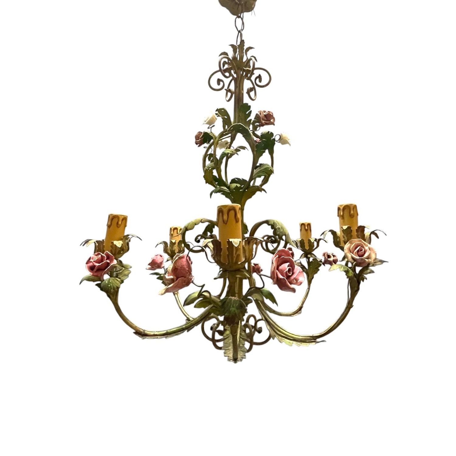 Florentine Tole Ceramic Flower Chandelier, 1960s