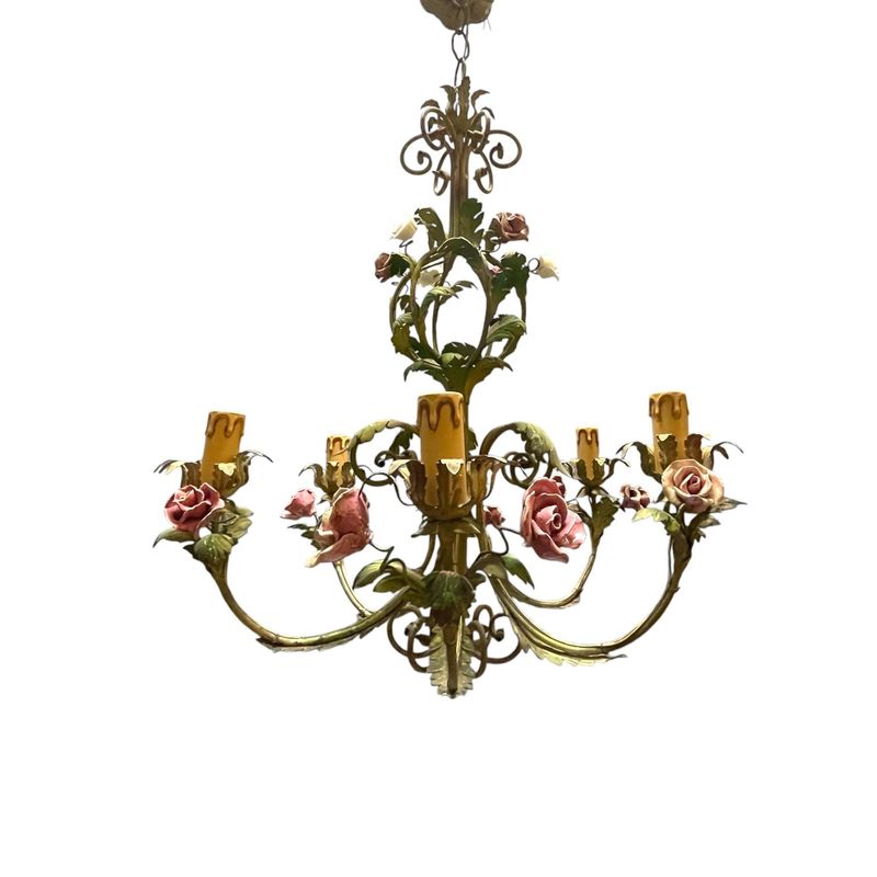 Florentine Tole Ceramic Flower Chandelier, 1960s