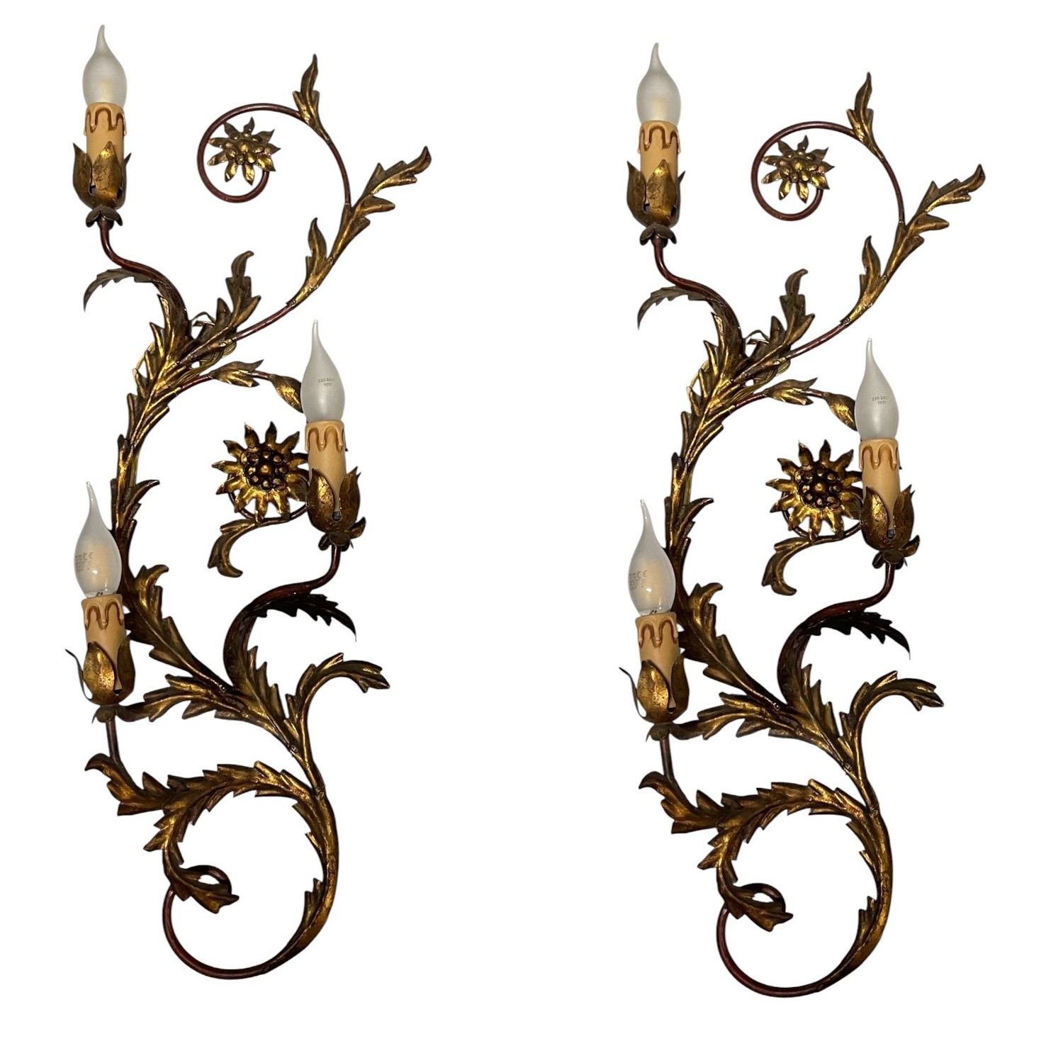 Large Italian Florentine Tole Wall Sconces in Gilt Metal, 1950s, Set of 2
