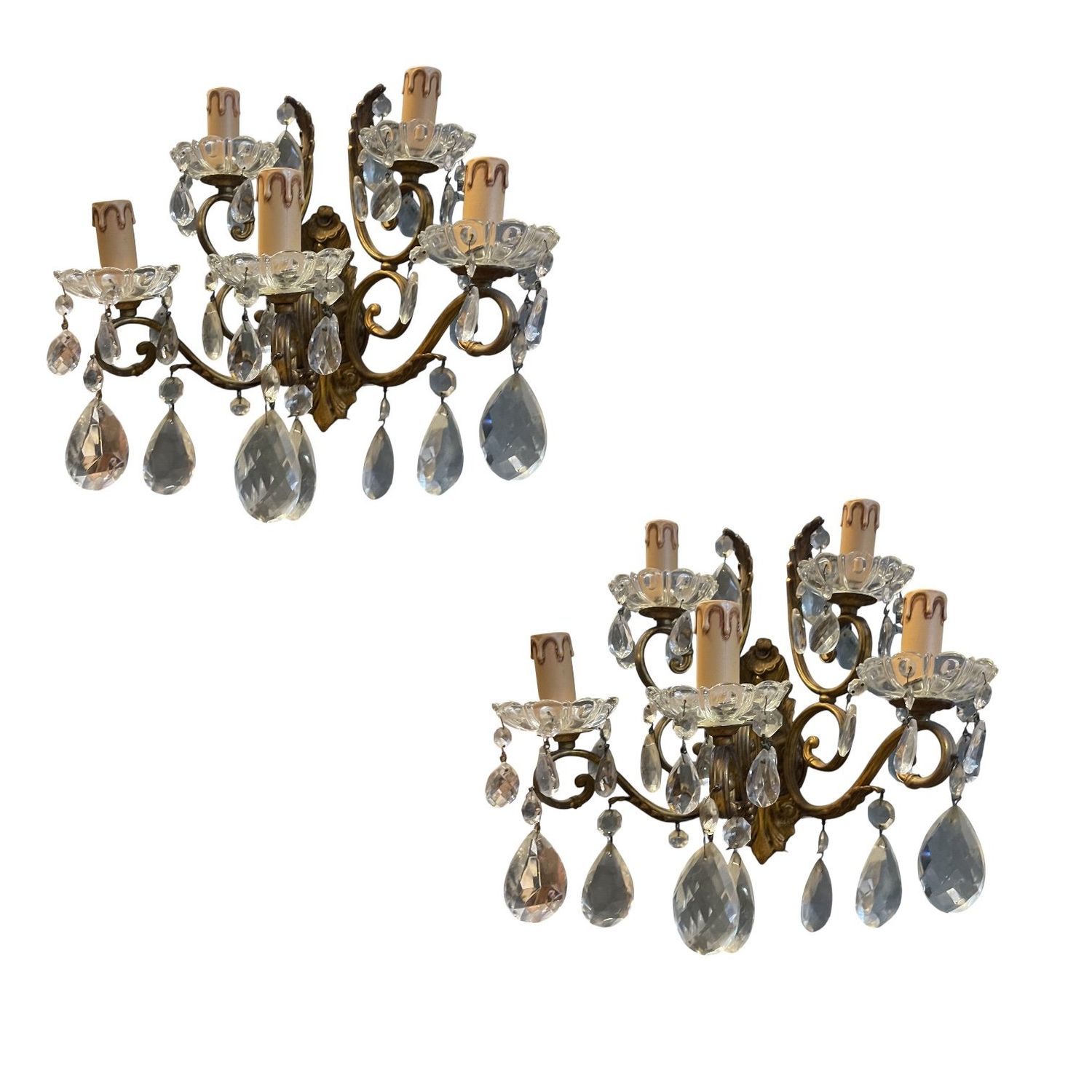 Large Bronze and Crystal Wall Sconces, Italy, 1950s, Set of 2