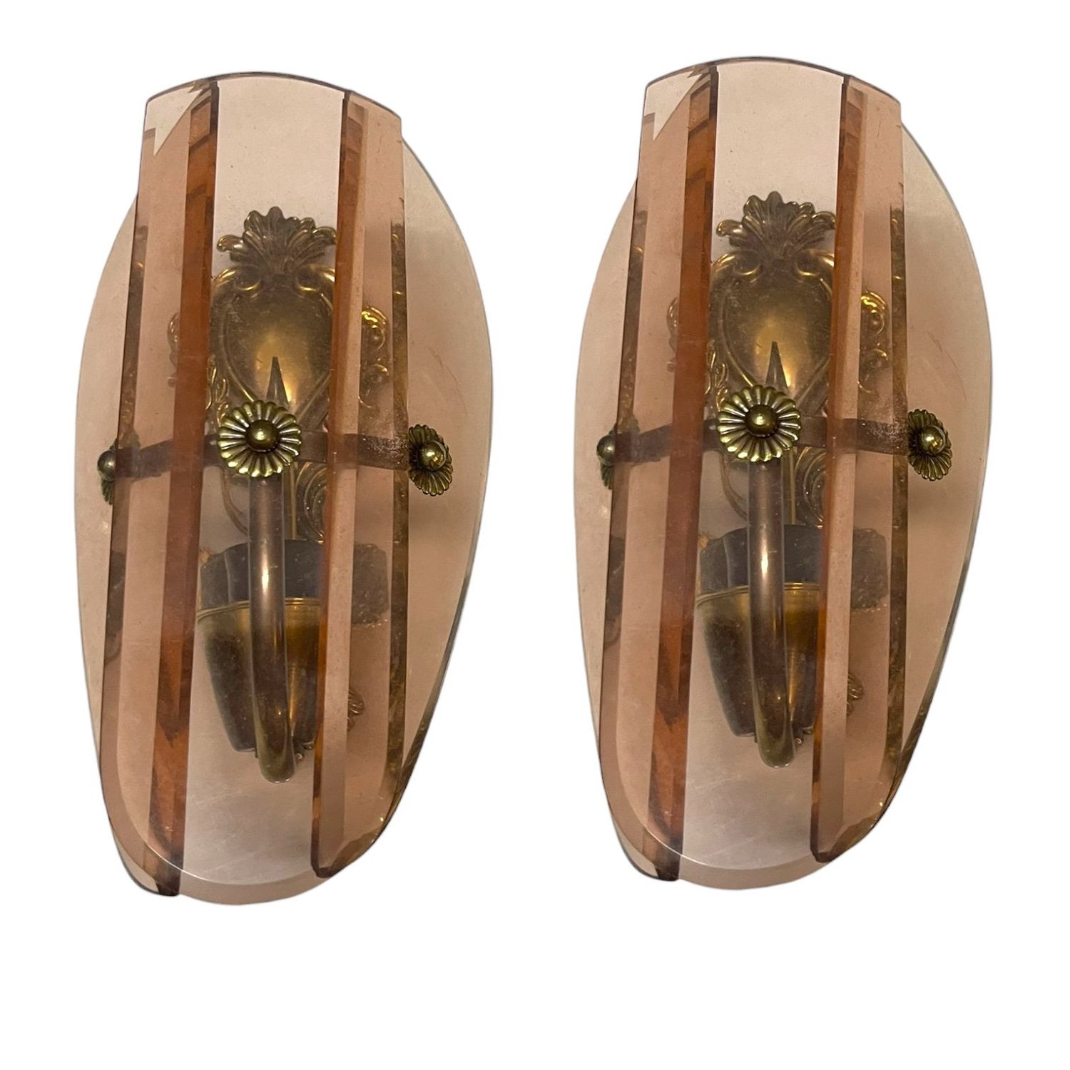 Italian Bronze and Pink Glass Wall Sconces, 1950s, Set of 2