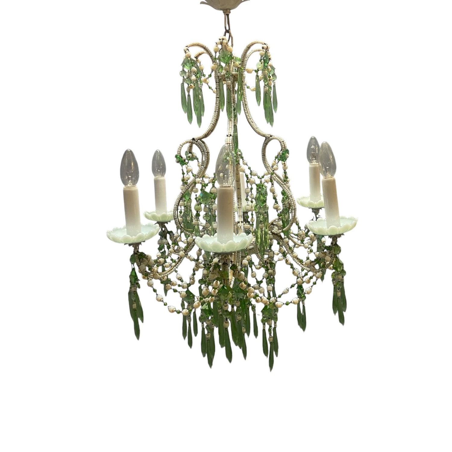 Opaline Glass Beaded Chandelier in Pastel Blue and Green Crystal Drops, 1950s
