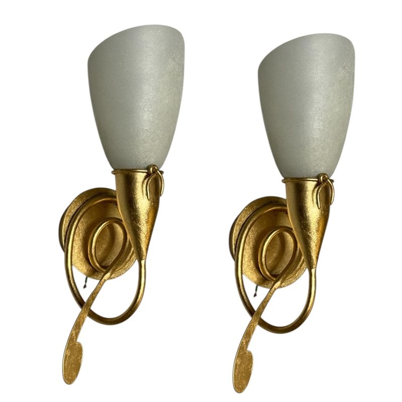 Gold Gilded Wall Sconces with Murano Glass Shades, 1980s, Set of 2