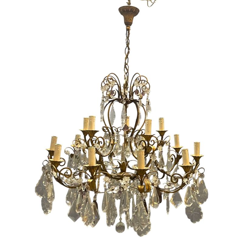 Large Florentine Tole Chandelier with Murano Glass Flowers, Italy, 1950s