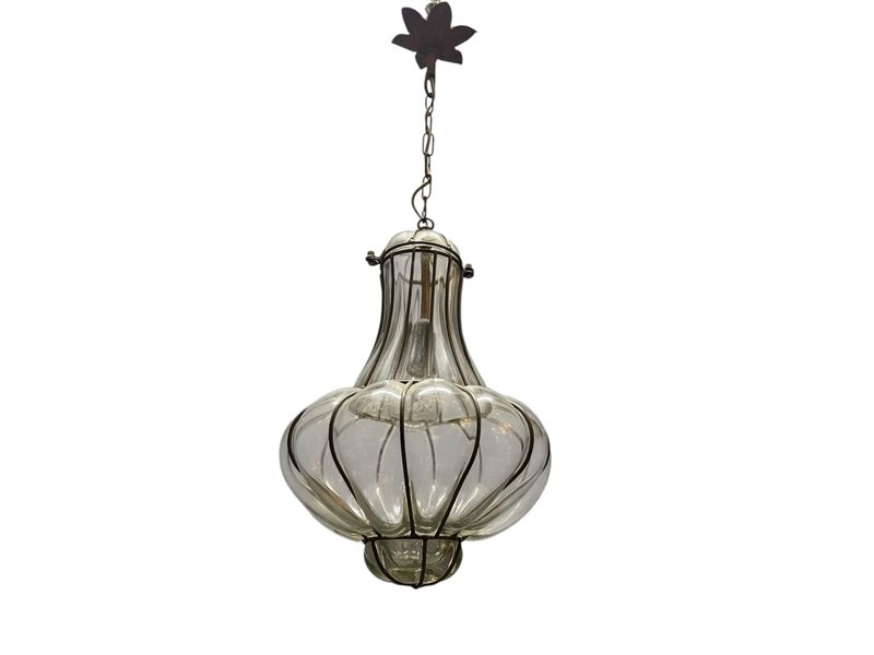 Wrought Iron Murano Glass Light Pendant 1950s