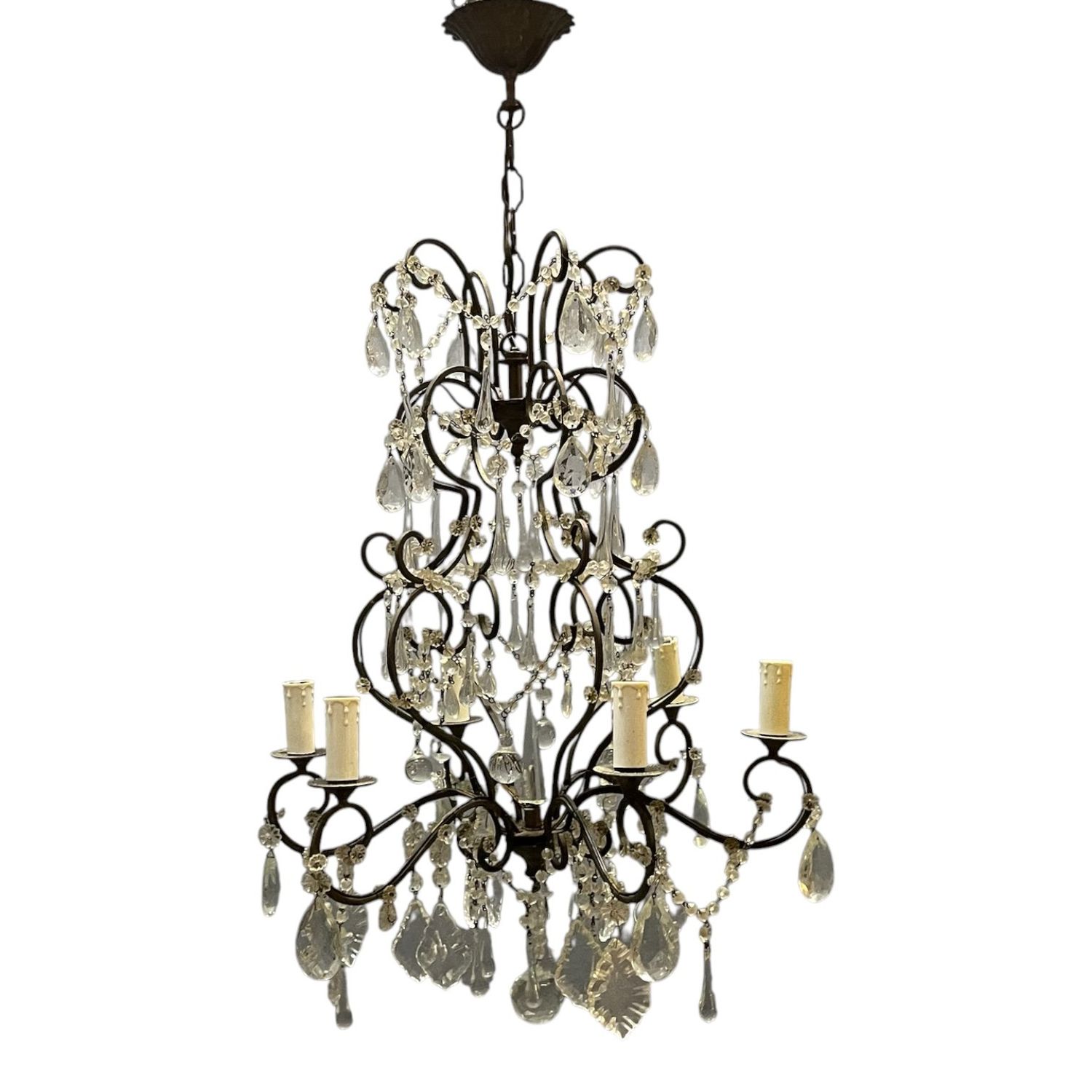 Mid-Century Modern Italian Cage Chandelier in Wrought Iron and Murano Glass, 1950s