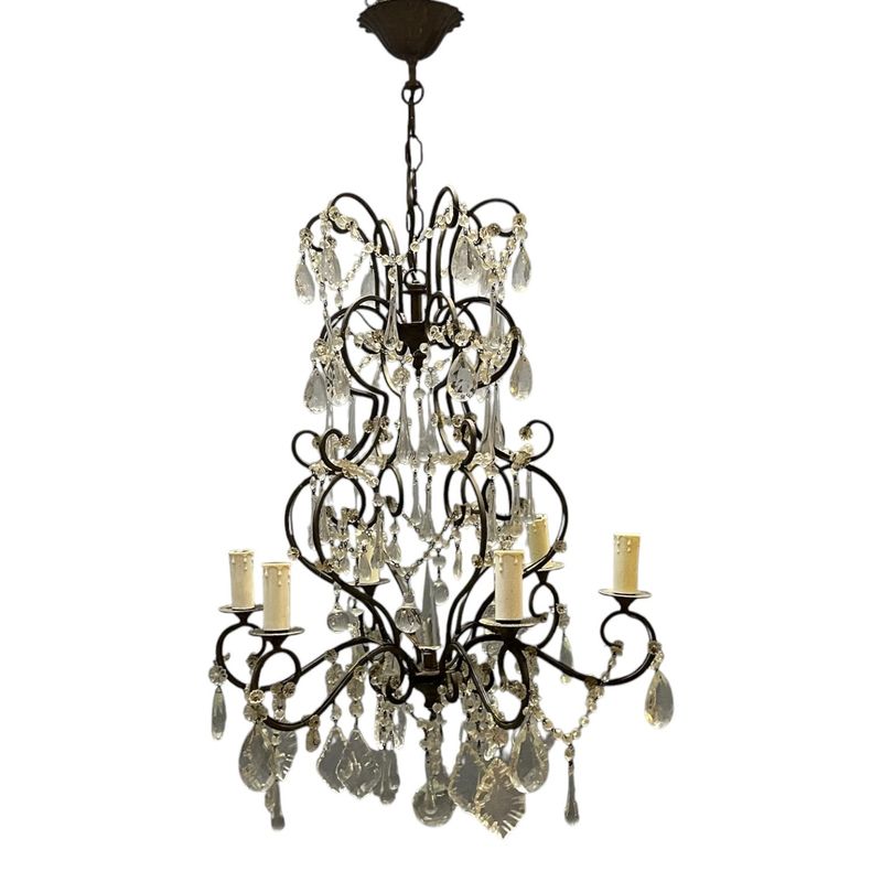 Mid-Century Modern Italian Cage Chandelier in Wrought Iron and Murano Glass, 1950s