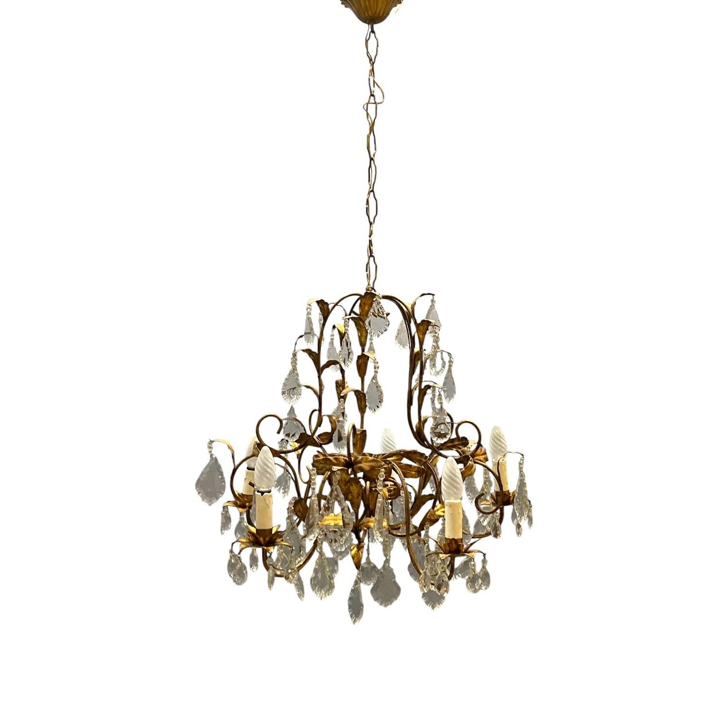 Italian Gold Gilded Tole Chandelier, 1950s