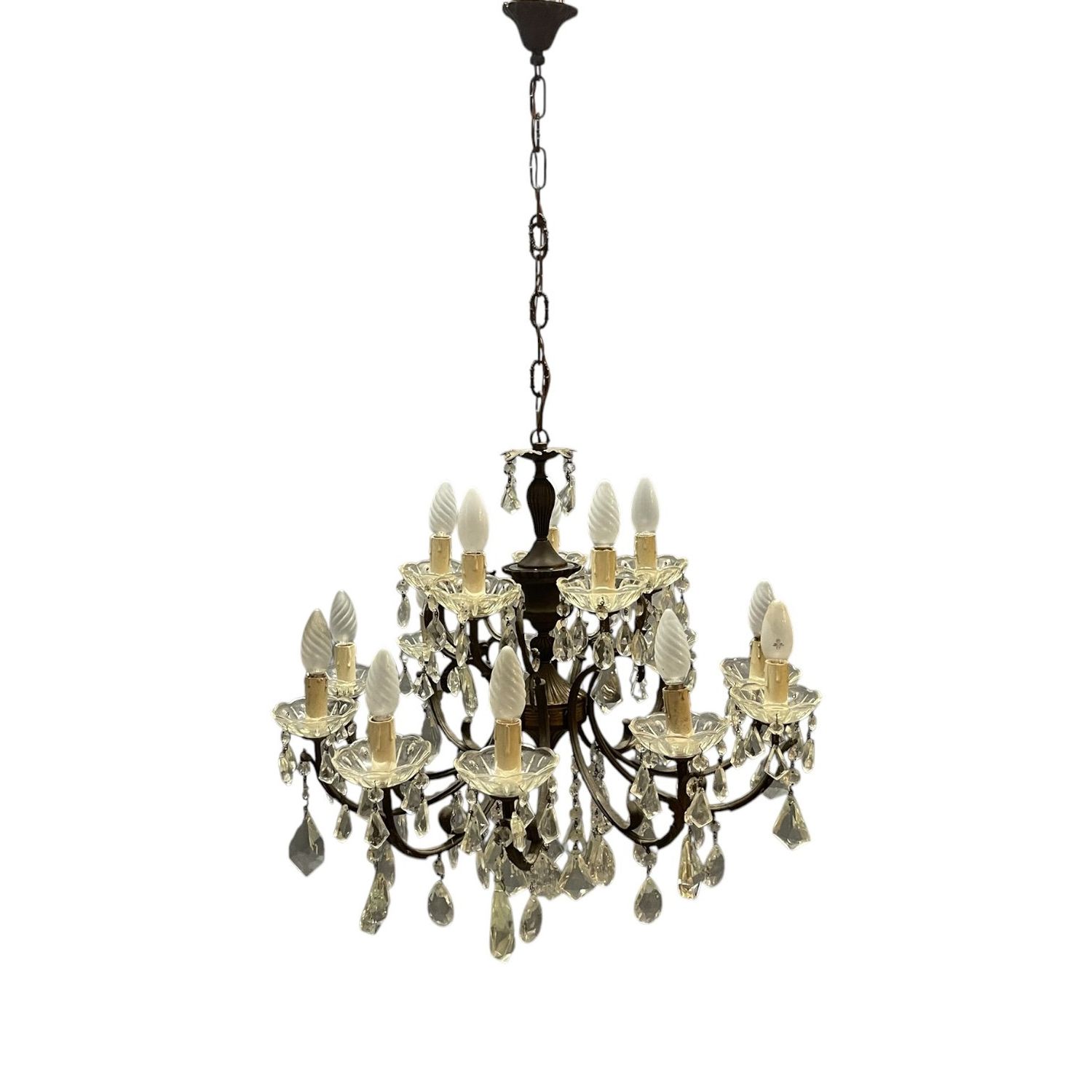 Vintage Bronze Crystal Chandelier 15 Lights, 1950s