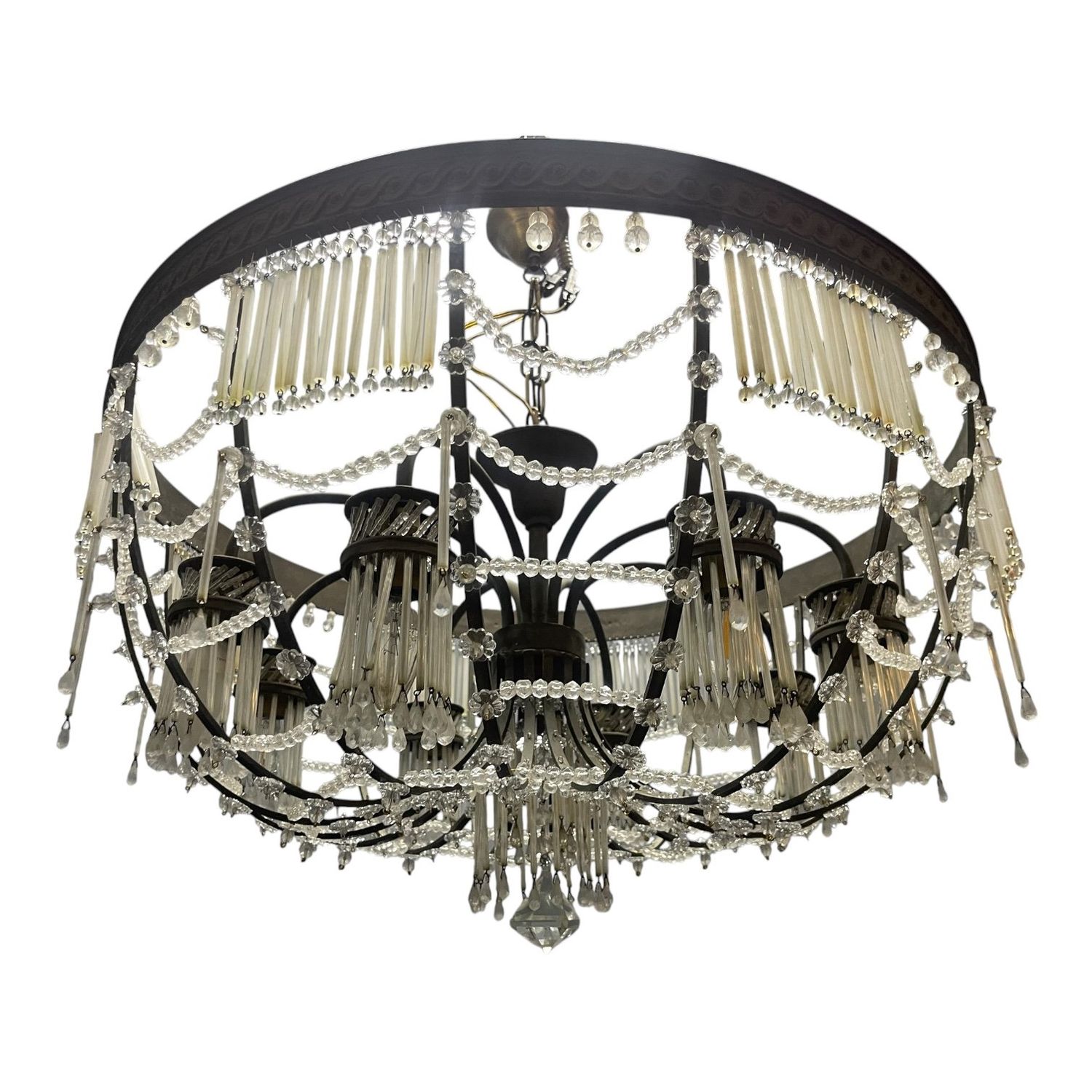 Large Vintage Italian Bronze and Murano Glass Rod Pendant Light, 1940s