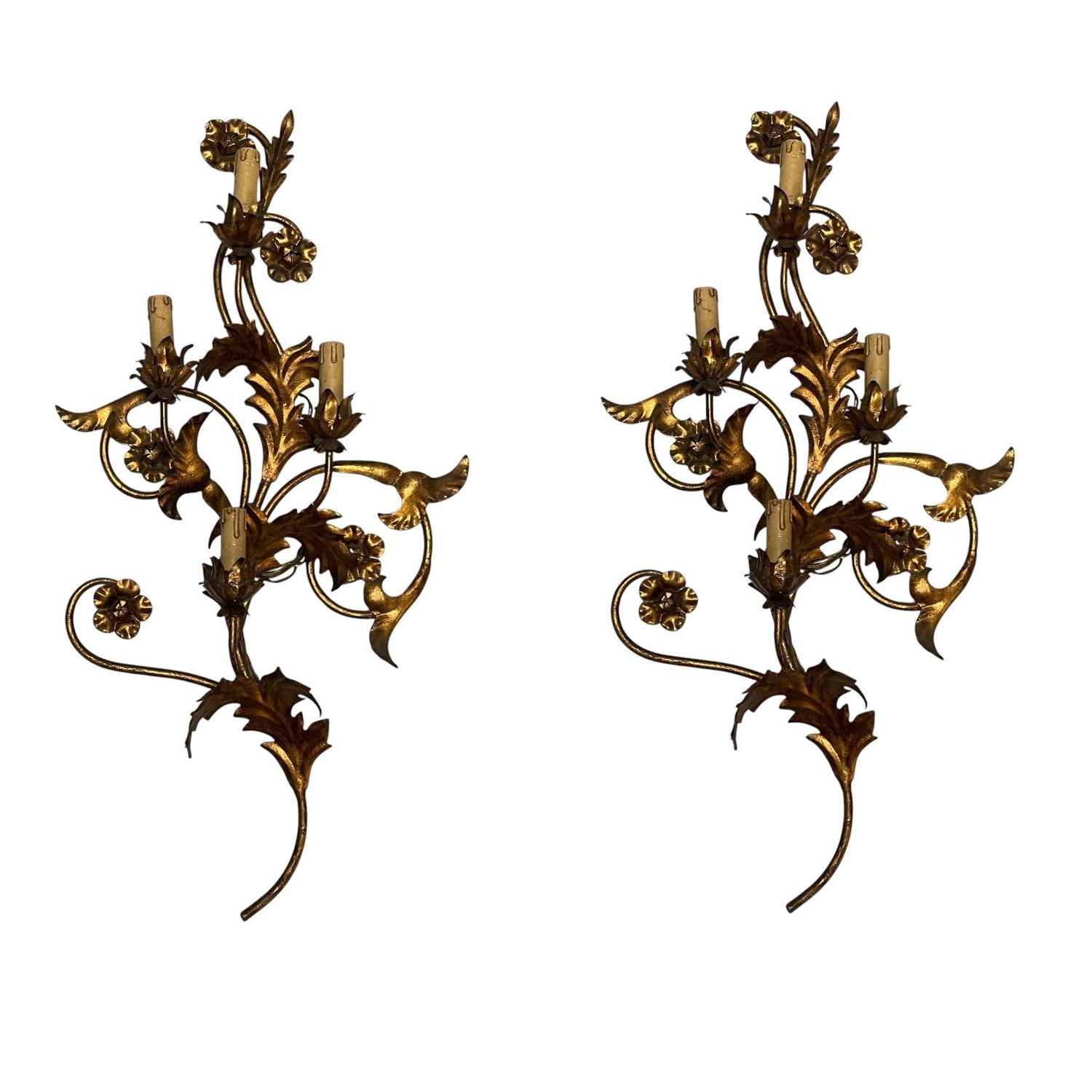 Large Florentine Gold Gilded Tole Sconces, 1960s, Set of 2