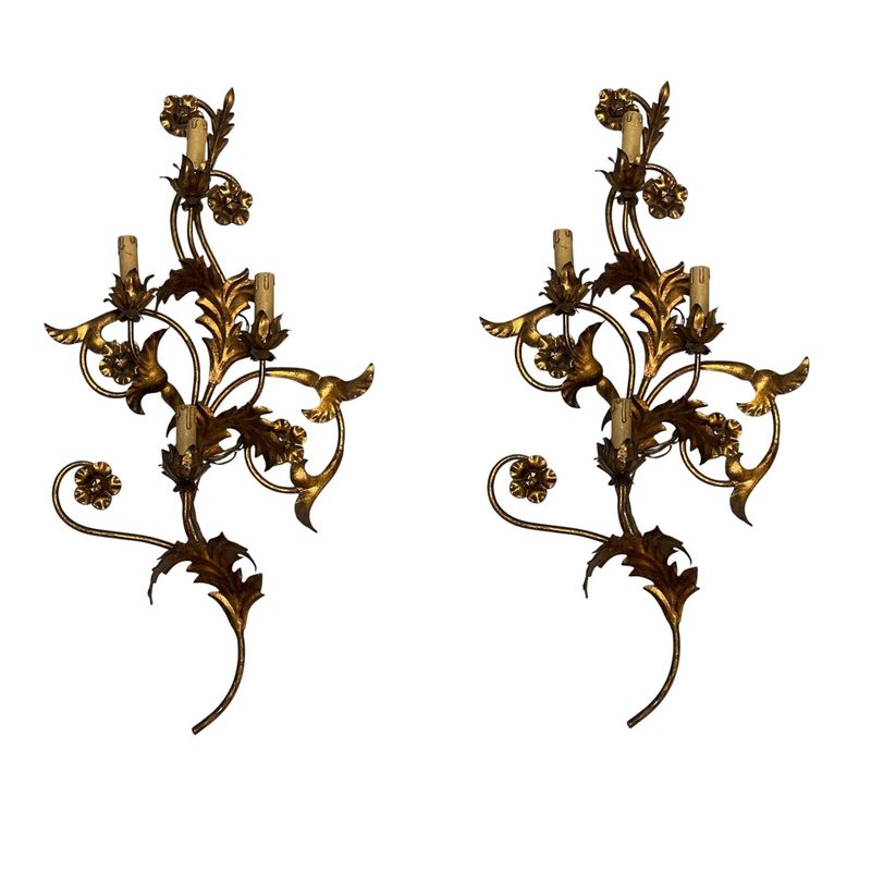 Large Florentine Gold Gilded Tole Sconces, 1960s, Set of 2