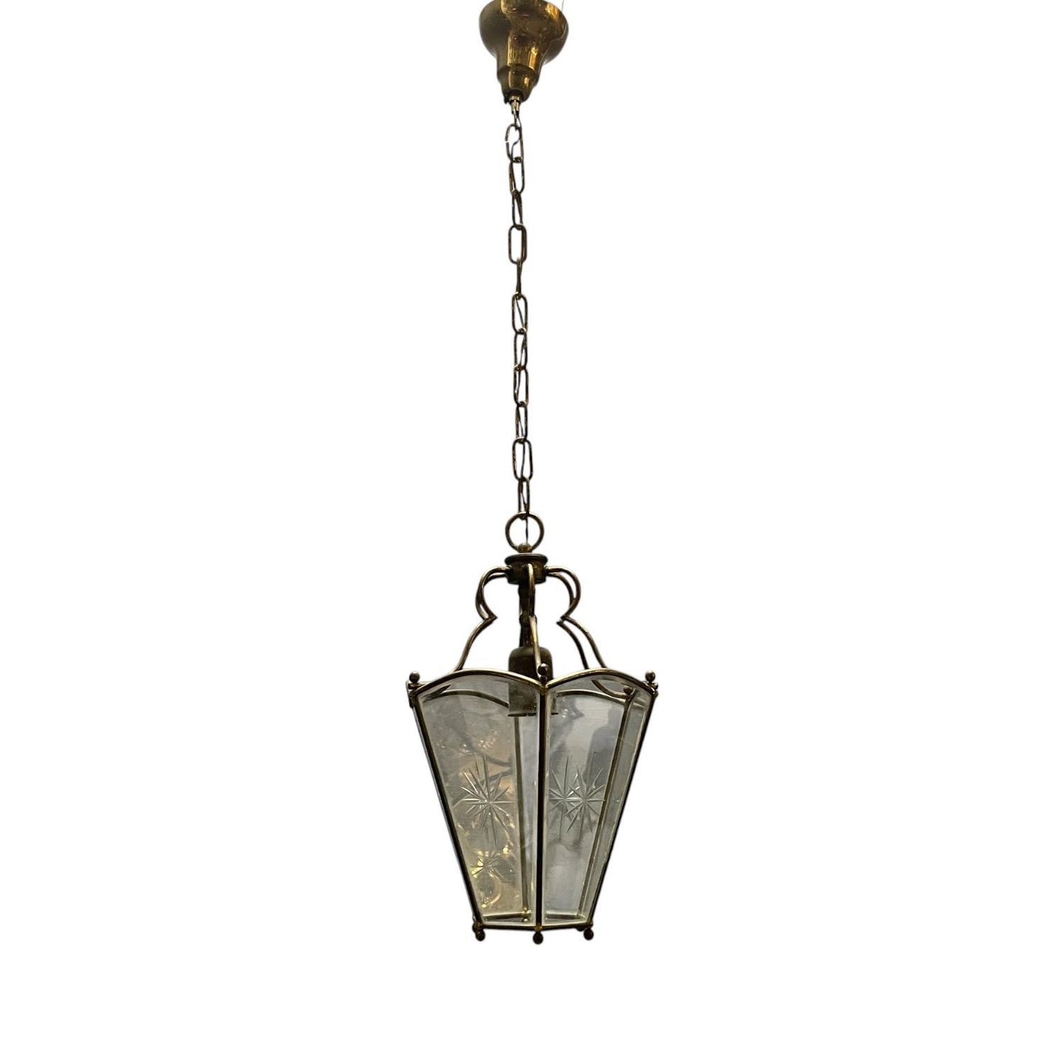 Vintage Brass Etched Glass Latern Pendant Light, 1950s