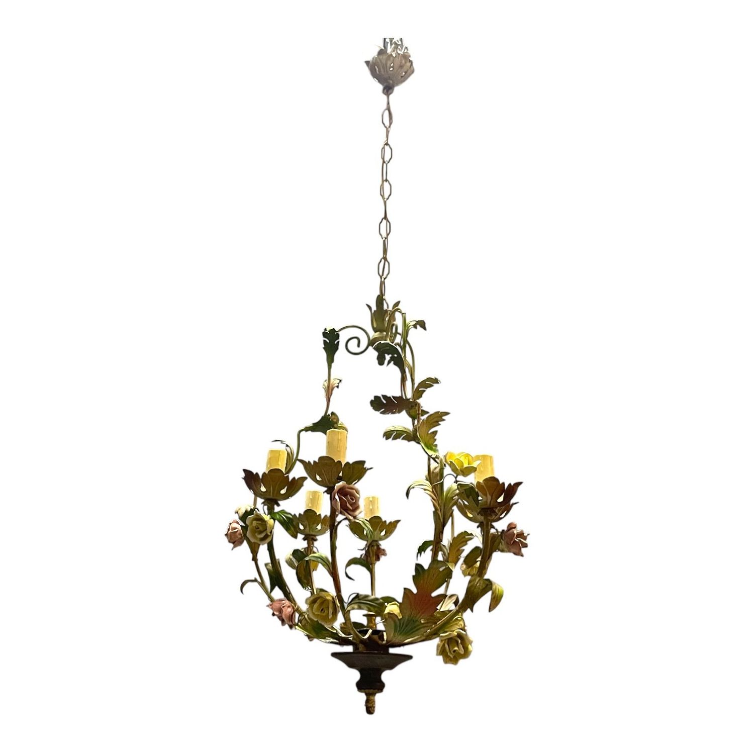 Italian Tole &amp; Ceramic Floral Chandelier, 1960s