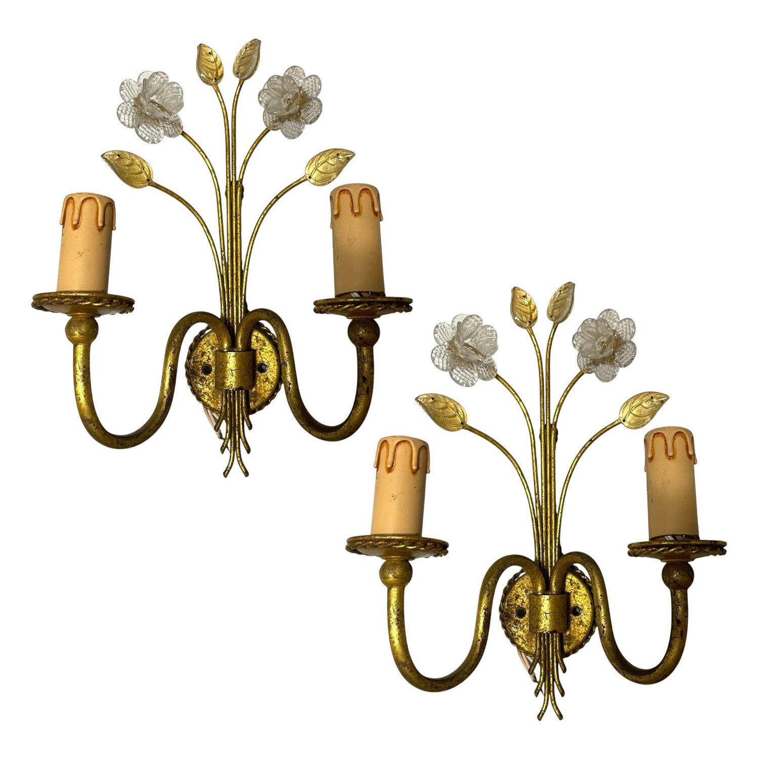 Italian Murano Glass Gold Gilded Sconces, 1960s, Set of 2