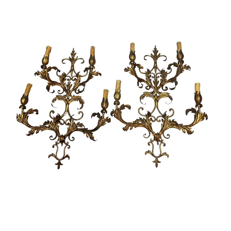 Large Tole Florentine Gold Gilded Sconces, 1960s, Set of 2