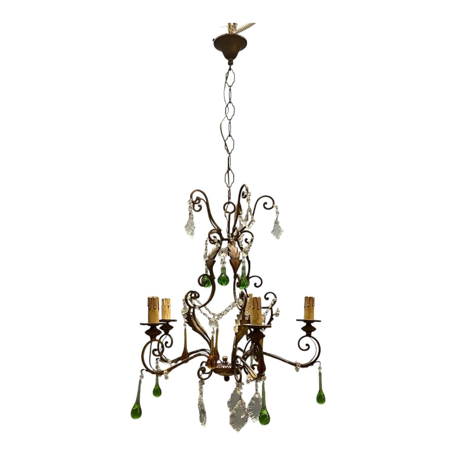 Italian 5-Light Tole Chandelier with Green and Amber Murano Glass Drops, 1950s