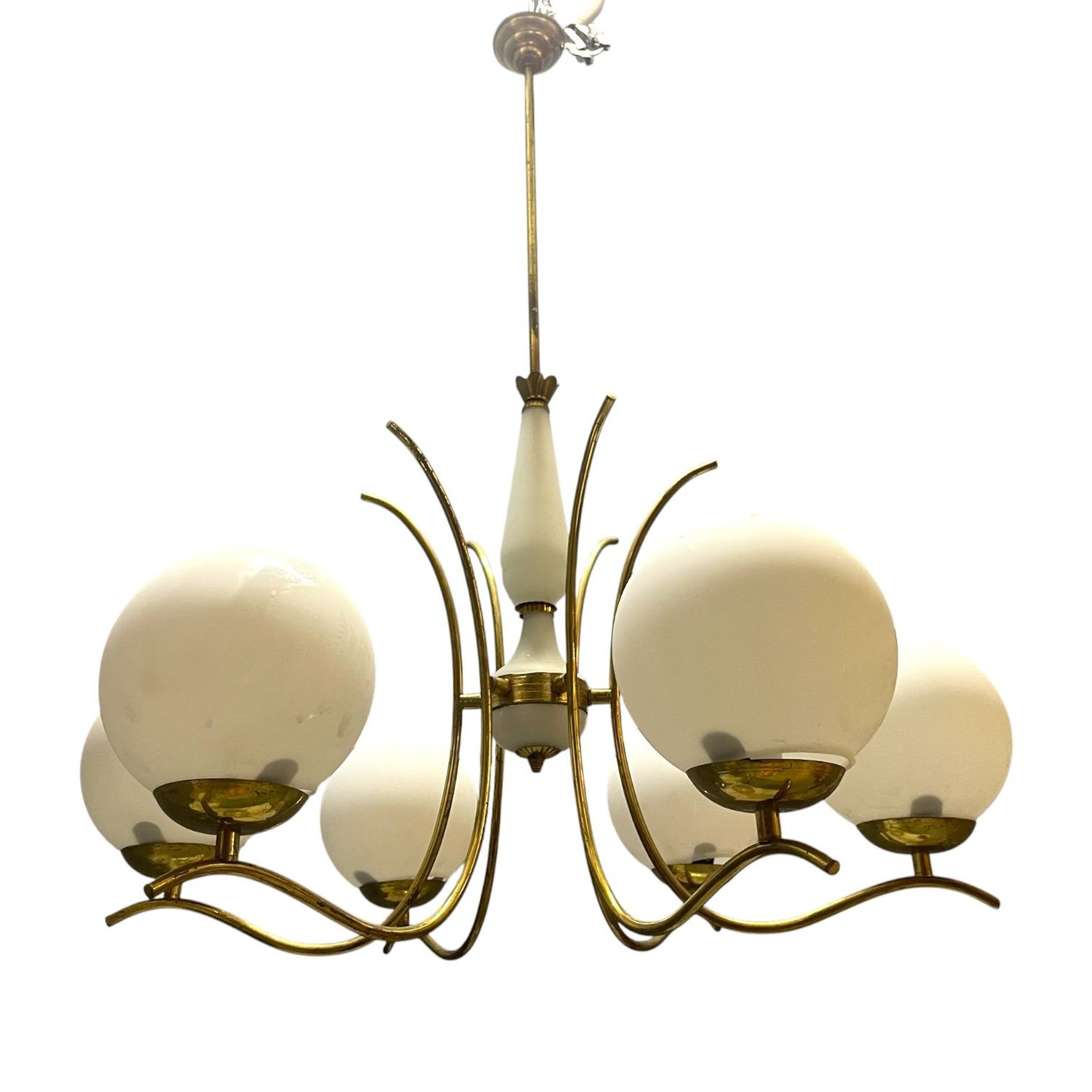 White Opaline Glass and Brass Chandelier, 1960s