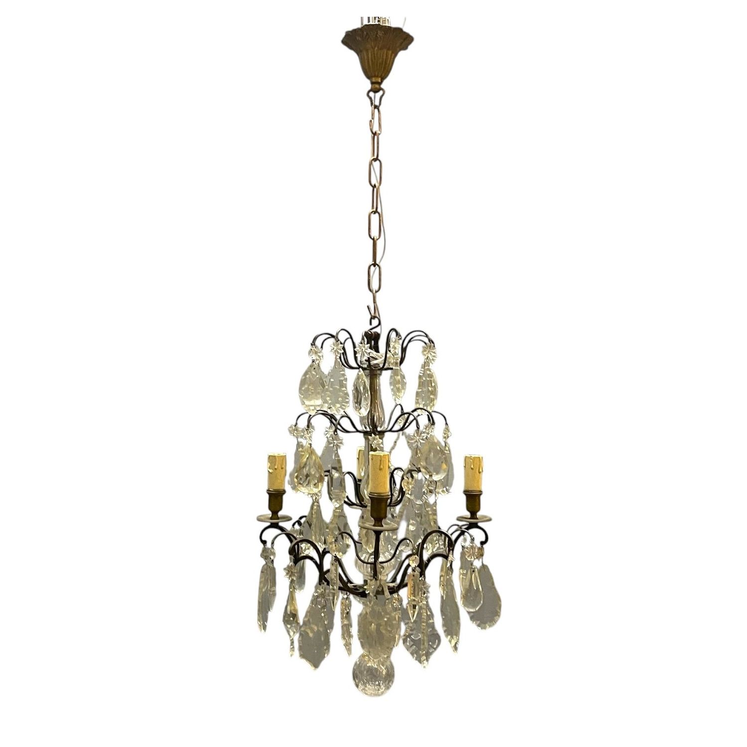 Italian Wrought Iron and Crystal Cage Chandelier, 1940s