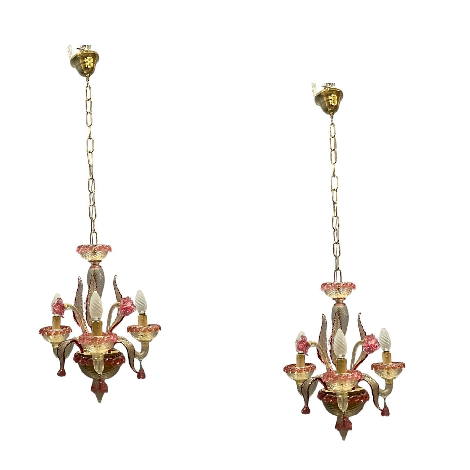 Venetian Pink Murano Glass Chandeliers, 1960s, Set of 2