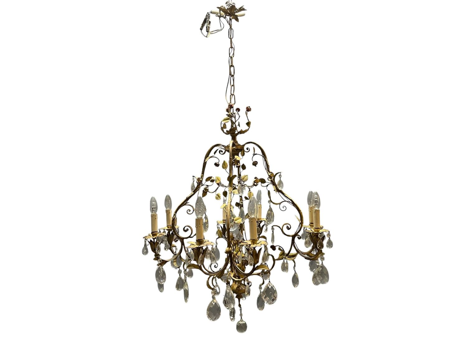 Italian Florentine Floral Iron and Crystal Chandelier, 1960s