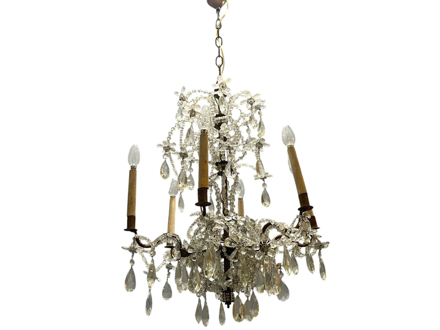 Large Crystal Beaded Flower Chandelier, 1940s