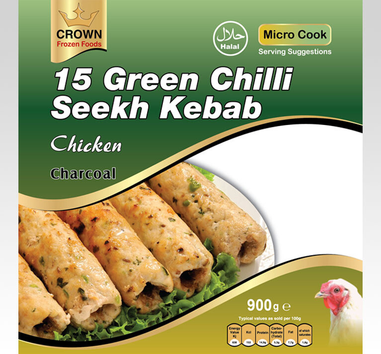 Crown Frozen Food Seekh Kebabs Chicken Green Chilli 15 pcs 900g