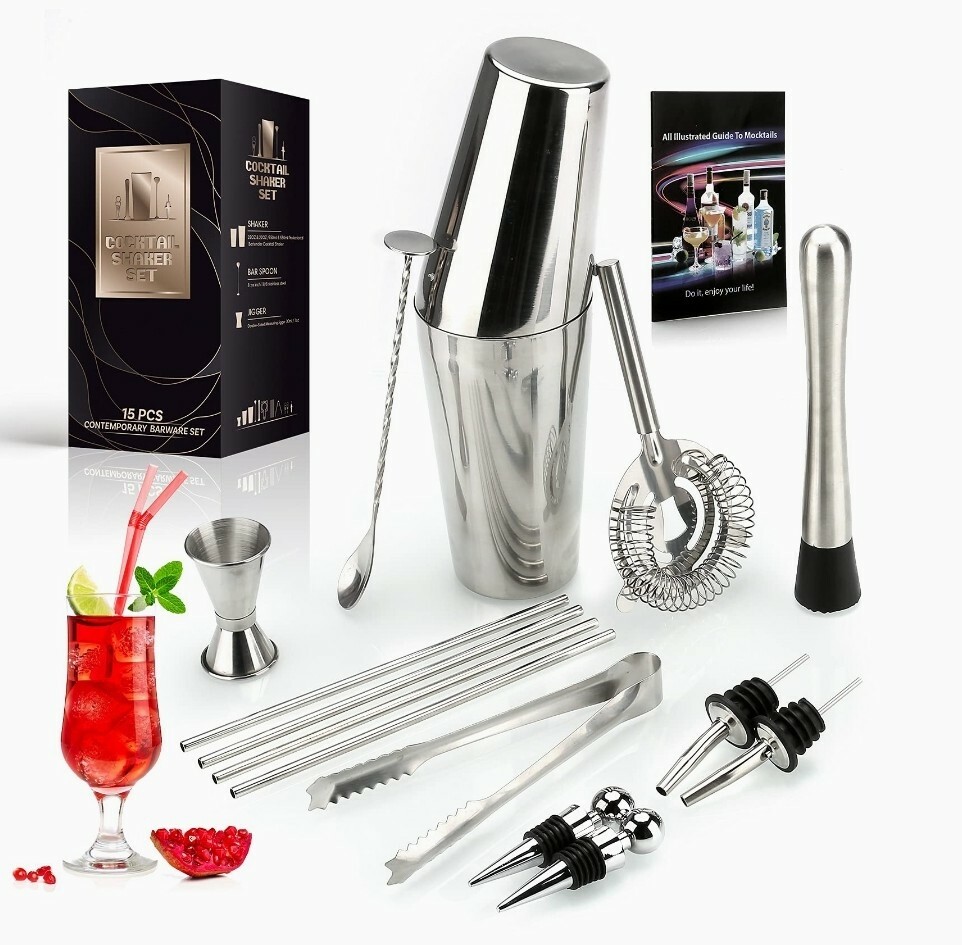 Kit cocteleria plateado 15 piezas
