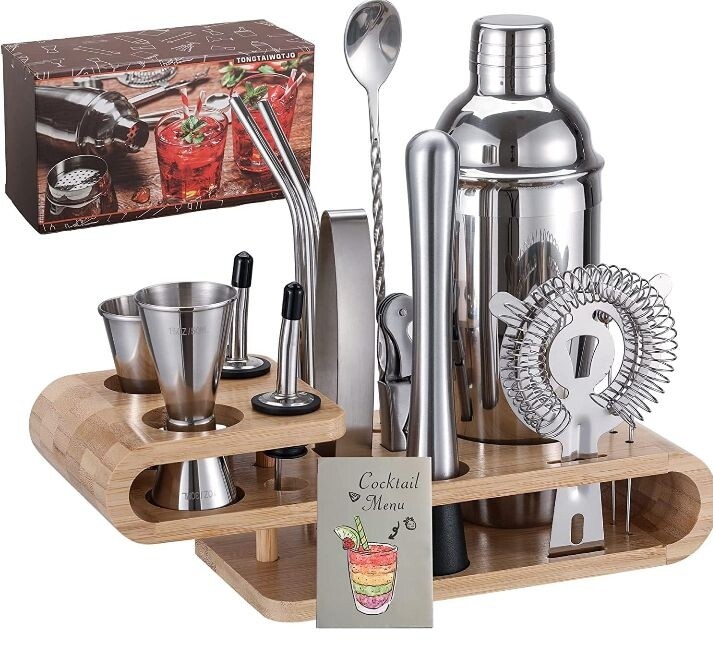 Kit de cócteleria elegante soporte de bambu 18 piezas
