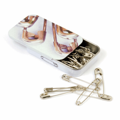 Safety Pins in a Tin: Assorted Sizes: 60 Pieces