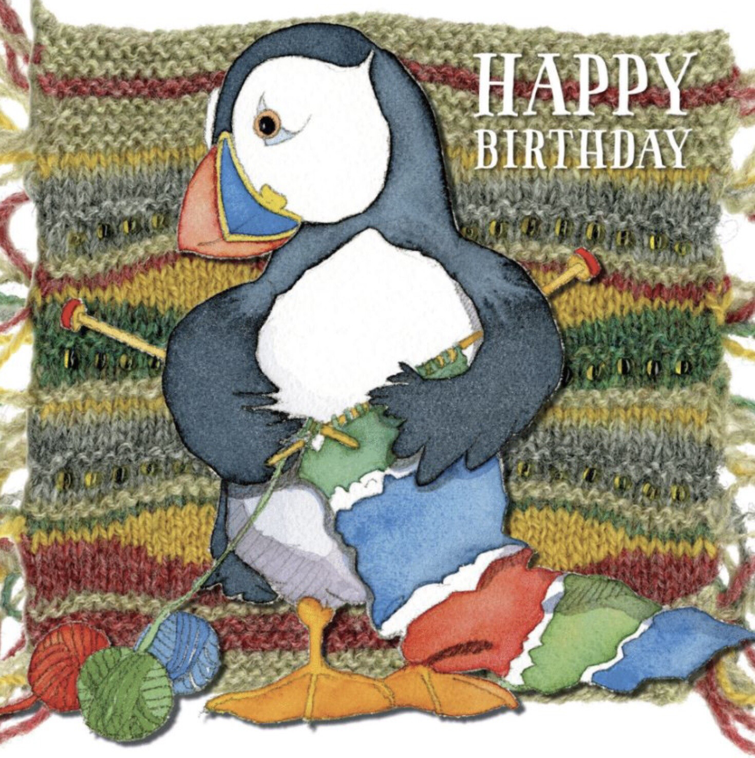 Emma Ball Knitting Puffin Birthday Card