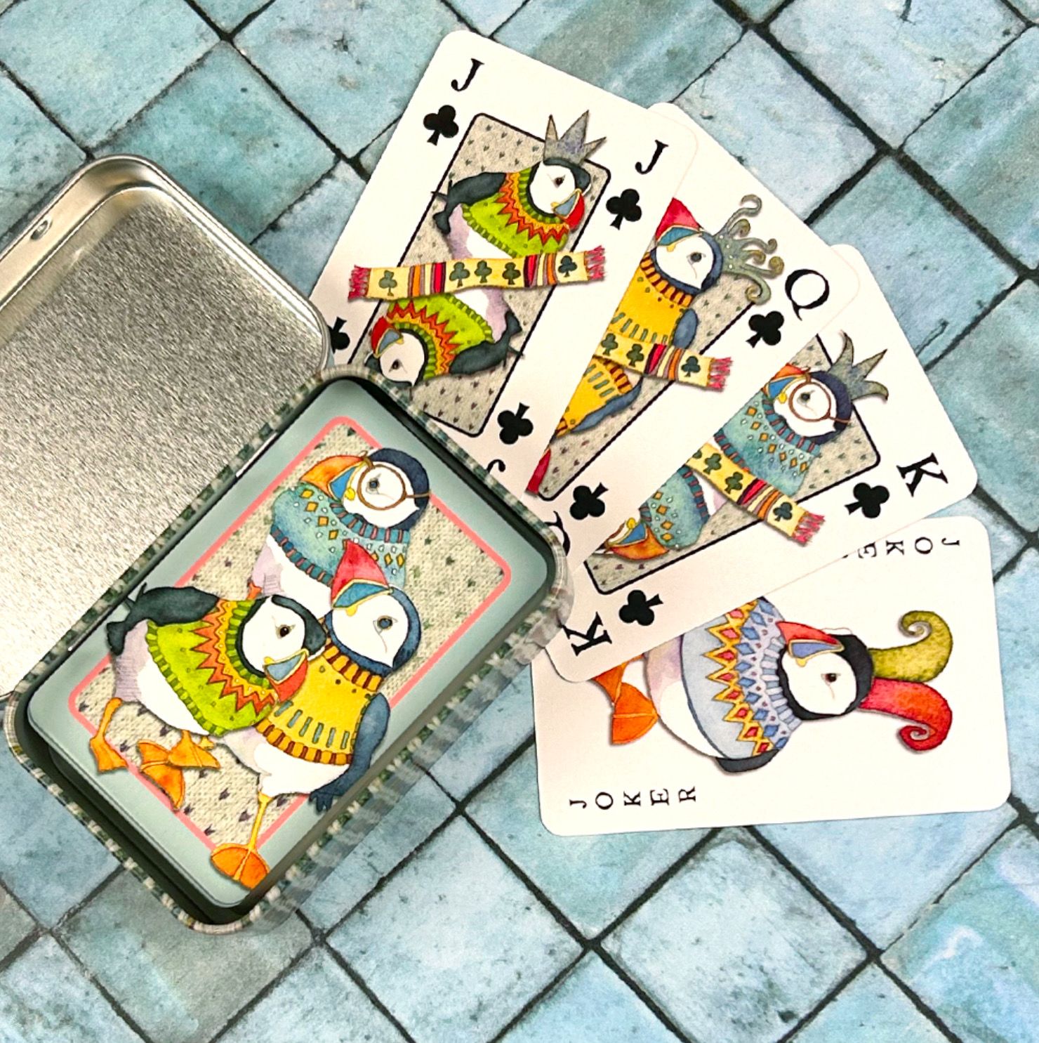 Emma Ball Playing Cards in a Tin - Woolly Puffins