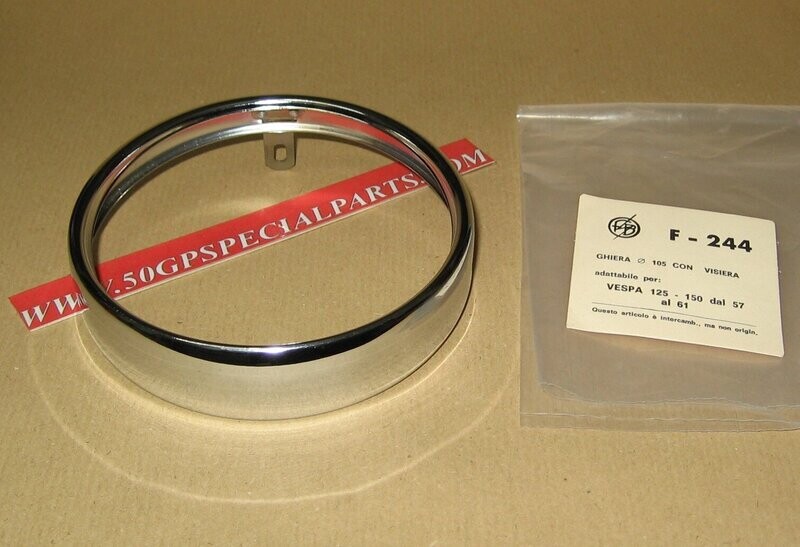 GHIERA CERCHIETTO FARO FANALE ANTERIORE CON VISIERA  VESPA 125 150cc. 1957-61 D.105mm F-244
