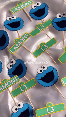 Cookie Monster Sesame Street Sign Personalized Cupcake Toppers