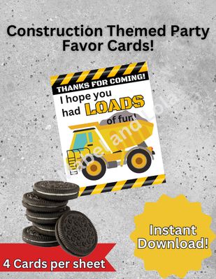 Cookie Party Favor Cards | Construction Themed PRINTABLE