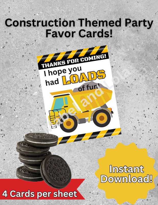 Cookie Party Favor Cards | Construction Themed PRINTABLE